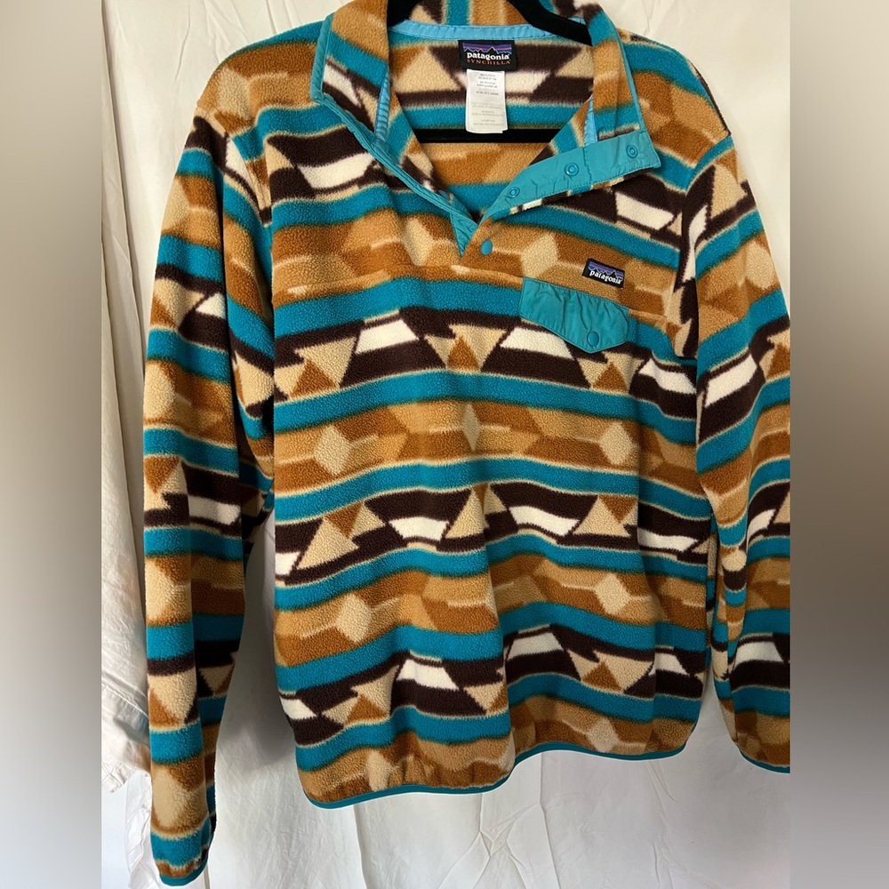 Vtg 90s Patagonia Synchilla Fleece Snap T Pullover Turquoise Brown Aztec Women S
